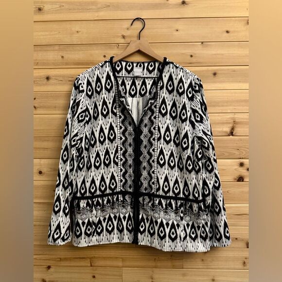 Chico’s Size 3 Or 16/18 Contrast Ikat Print Lounge Cotton Lightweight Jacket - Picture 1 of 13